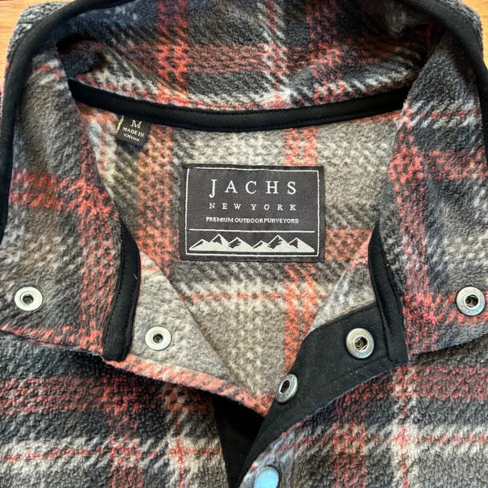 JACHS New York Mock Neck Fleece Pullover‎ Mens M Grey Plaid Cozy Snap Button